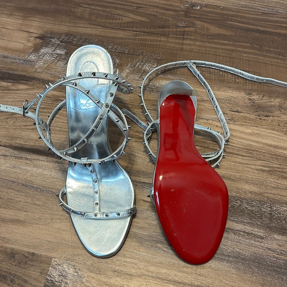 Christian Louboutin Silver Studded Strappy Heels with Red Sole